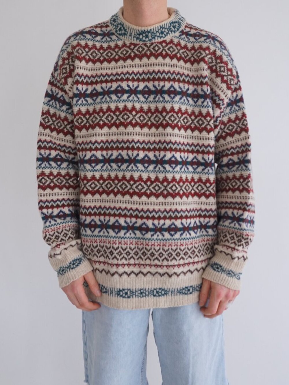 Eaton Cream Nordic Fair Isle Pattern Wool Sweater Made In Italy Heavy Knit Large